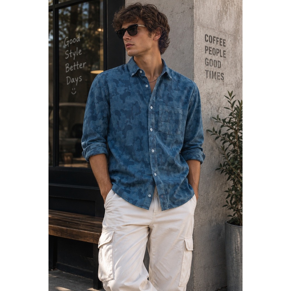 Apolis Woven Shirt Mens XL Blue Camo Global Citizen Workwear Streetwear Gorpcore